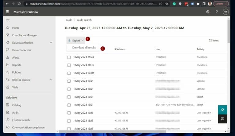 Step 2 View and Export the Office 365 Audit Activity Logs from the Compliant Portal - Classic Search - download audit logs