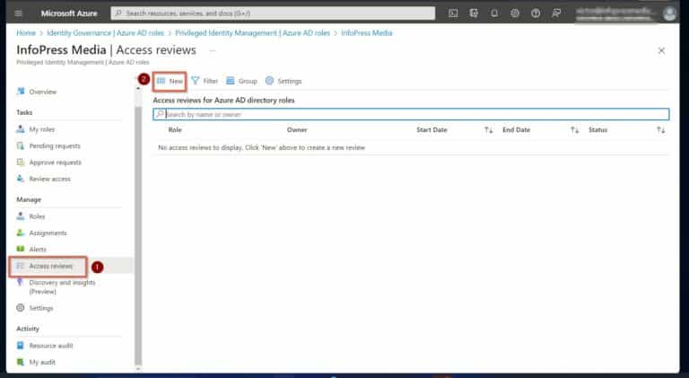 under Manage, click Access reviews and then New to create a new access review