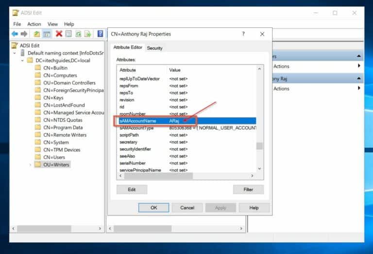 Get a User's AD SamAccountName with ADSI Edit