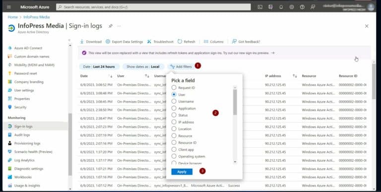 add filters to Azure AD sign-in logs