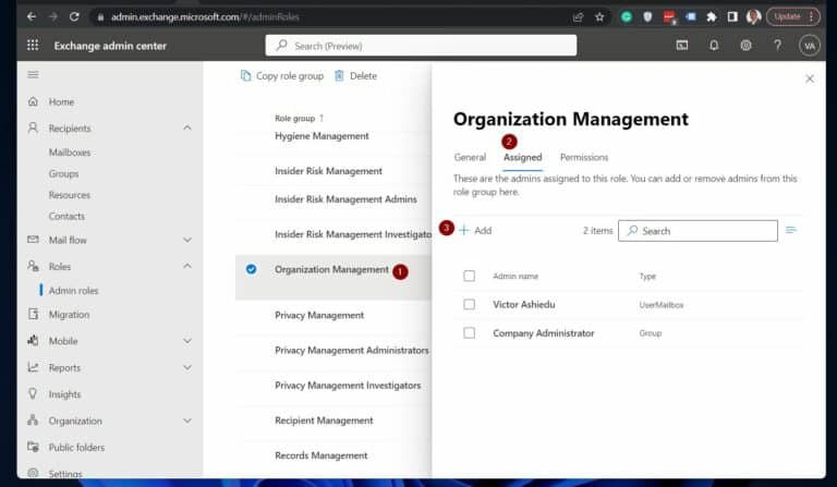Exchange Online admin - Organization Management role flyout