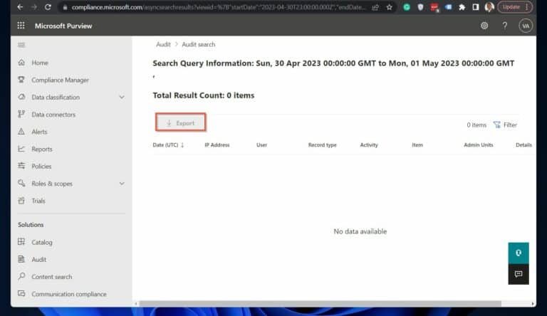 Step 2 View and Export the Office 365 Audit Activity Logs from the Compliant Portal - Export