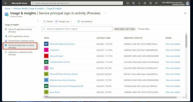 Service principal sign-in activity (Preview) in usage & insights reports