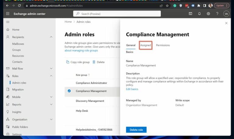 Exchange Online admin - Compliance Management role flyout