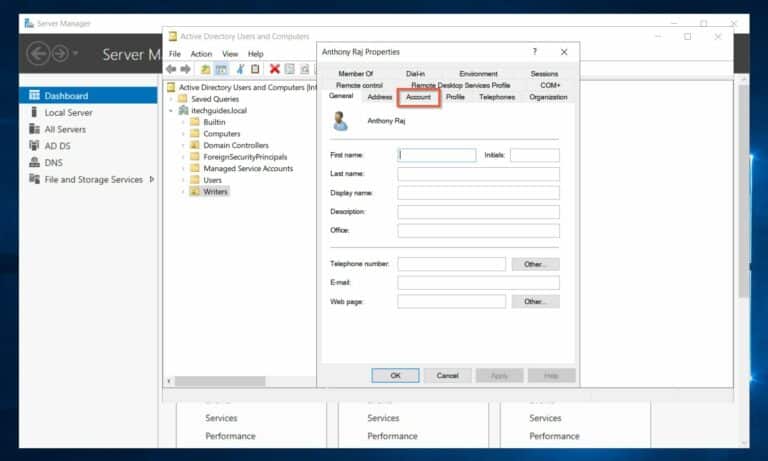 Select the Account tab from an User's AD Properties