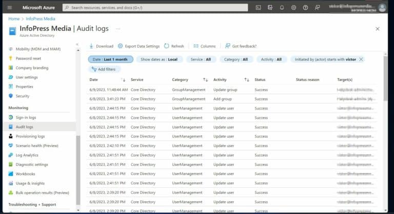Filter Azure AD Audit log to find Security threats