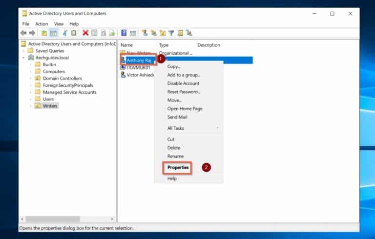 Open a user's Properties in Active Directory