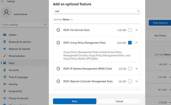 install rsat windows 11 in optional features