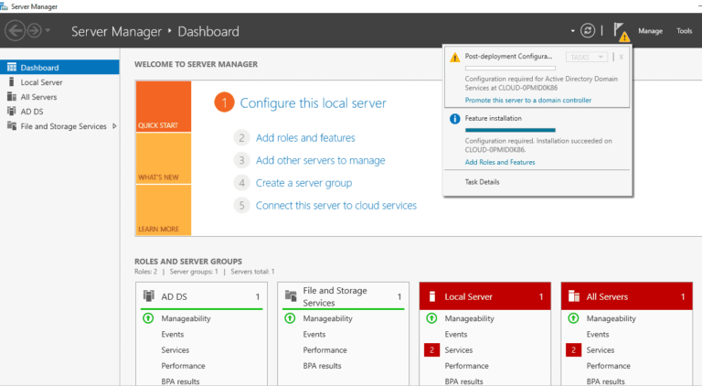 How to Setup Active Directory on Windows Server 2022 server manager screen