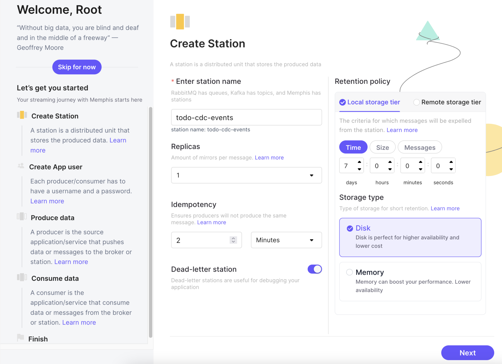 Follow the wizard to create a station named todo-cdc-events.