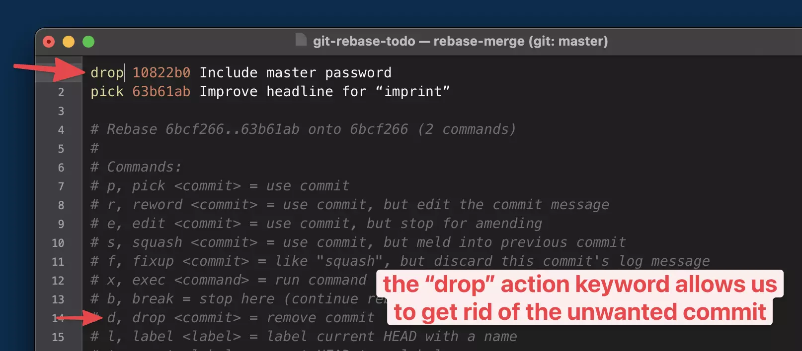 Marking the commit we want to delete