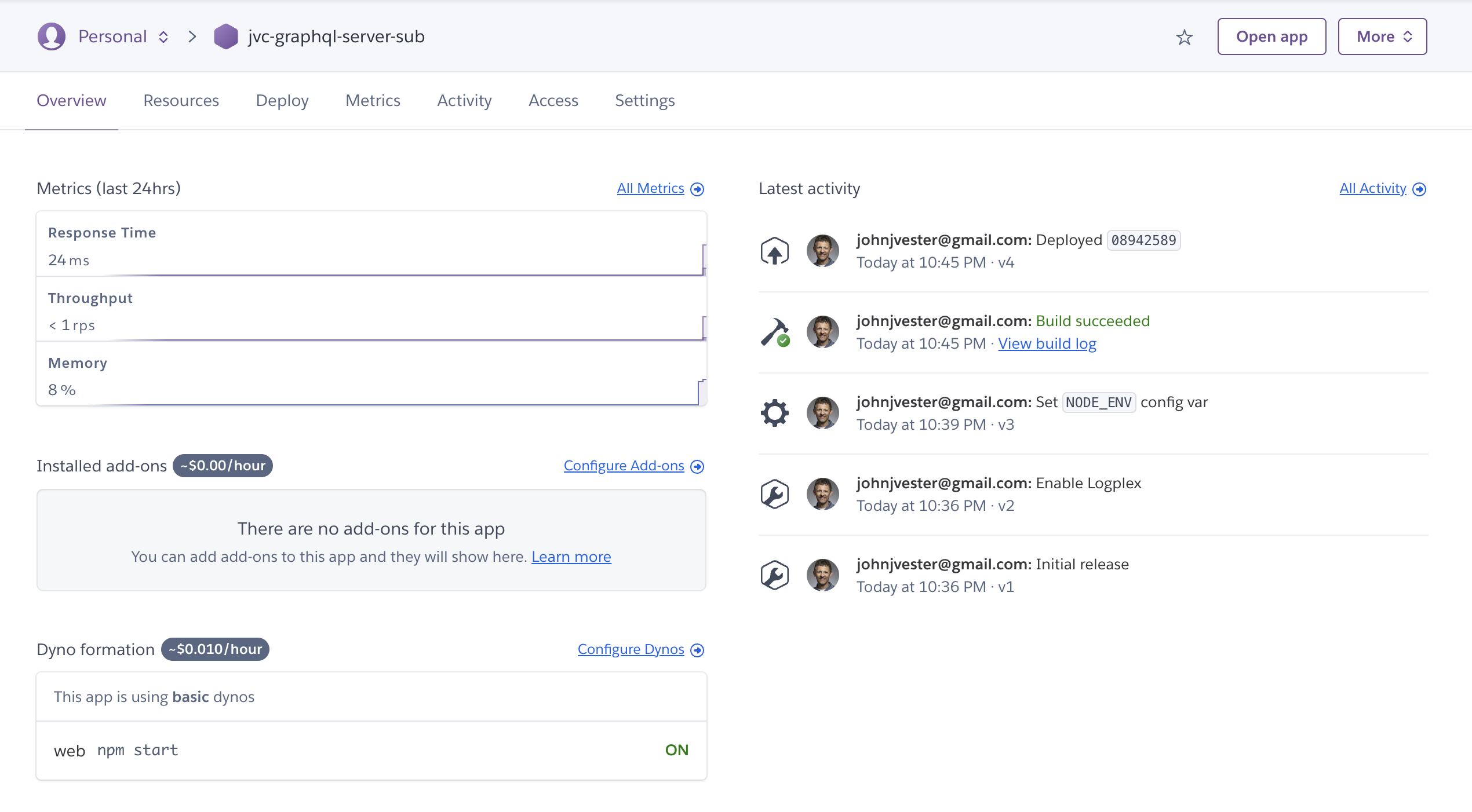Heroku Dashboard showing Apollo Server running without any issues
