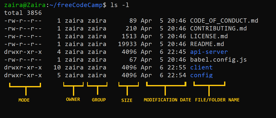 Detailed output of ls -l