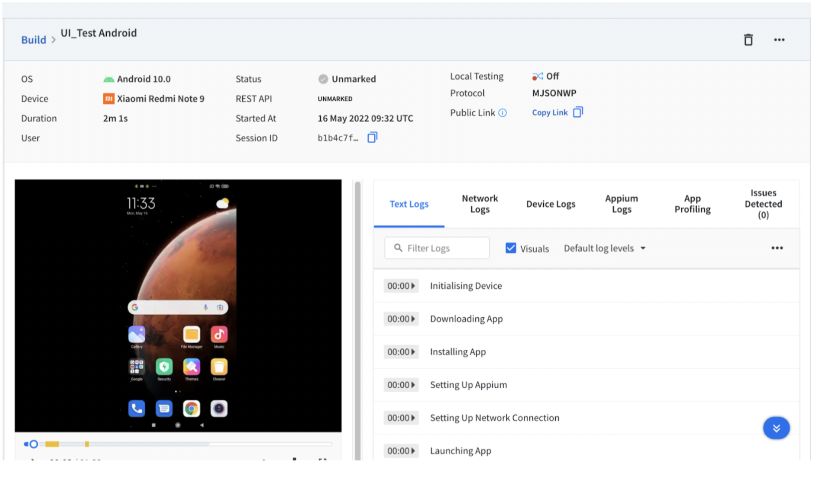 Appium script starts running