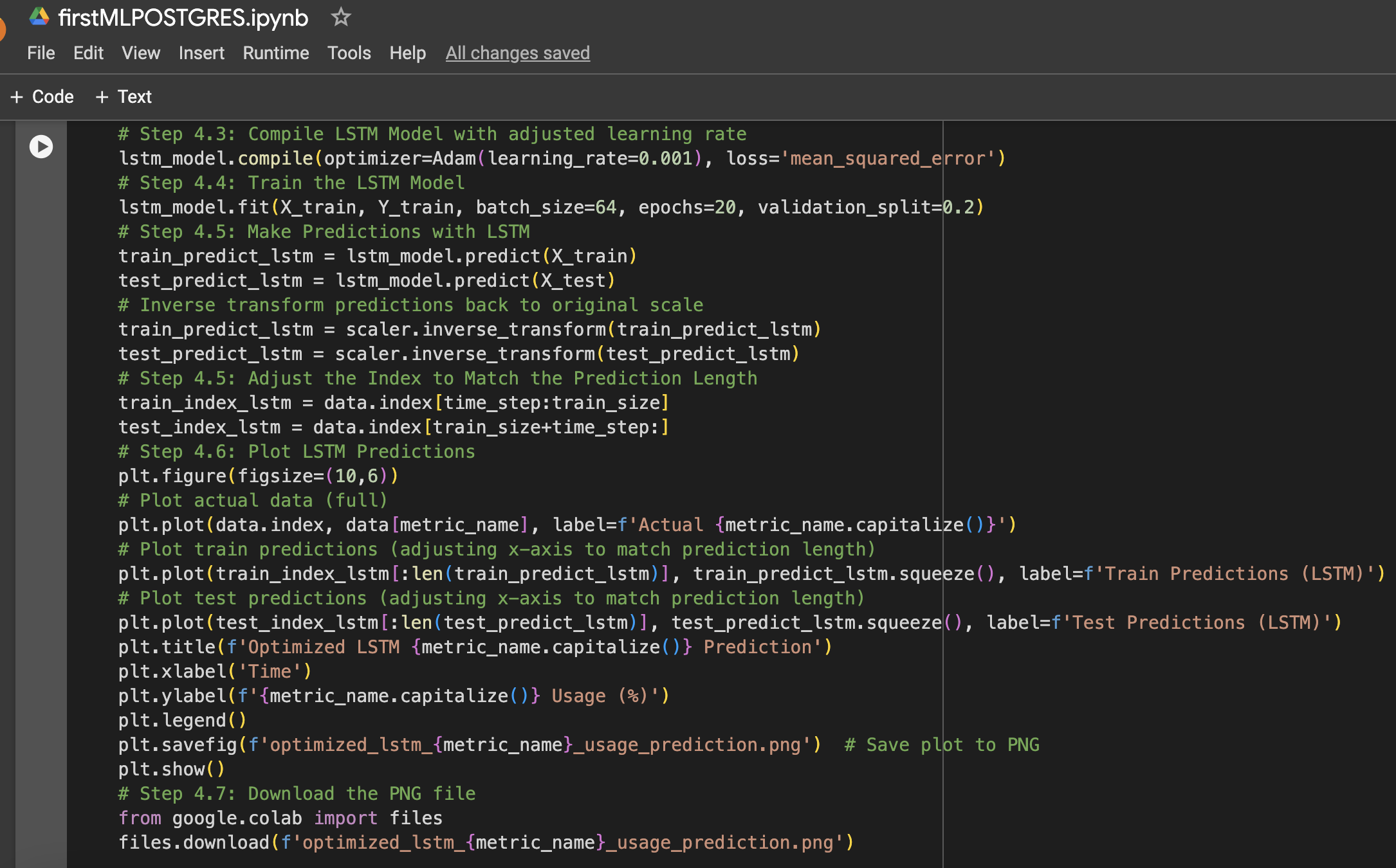 Function to prepare LSTM data, train, predict, and plot (2/2)
