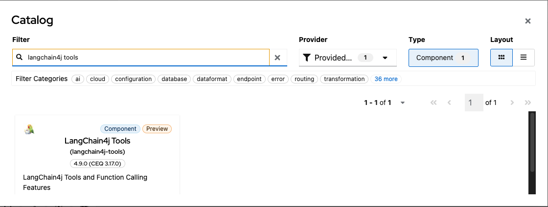 Select the langchain4j-tools component in the catalog