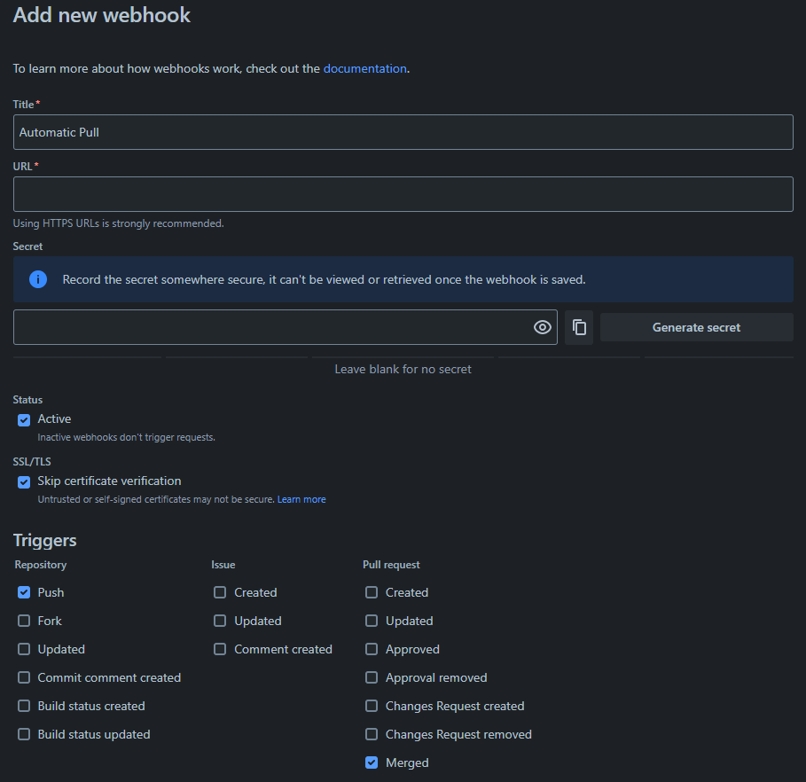 Bitbucket screen showing the user the creation of a webhook, where your server will pull the modifications when you push or merge in your reposiroty.